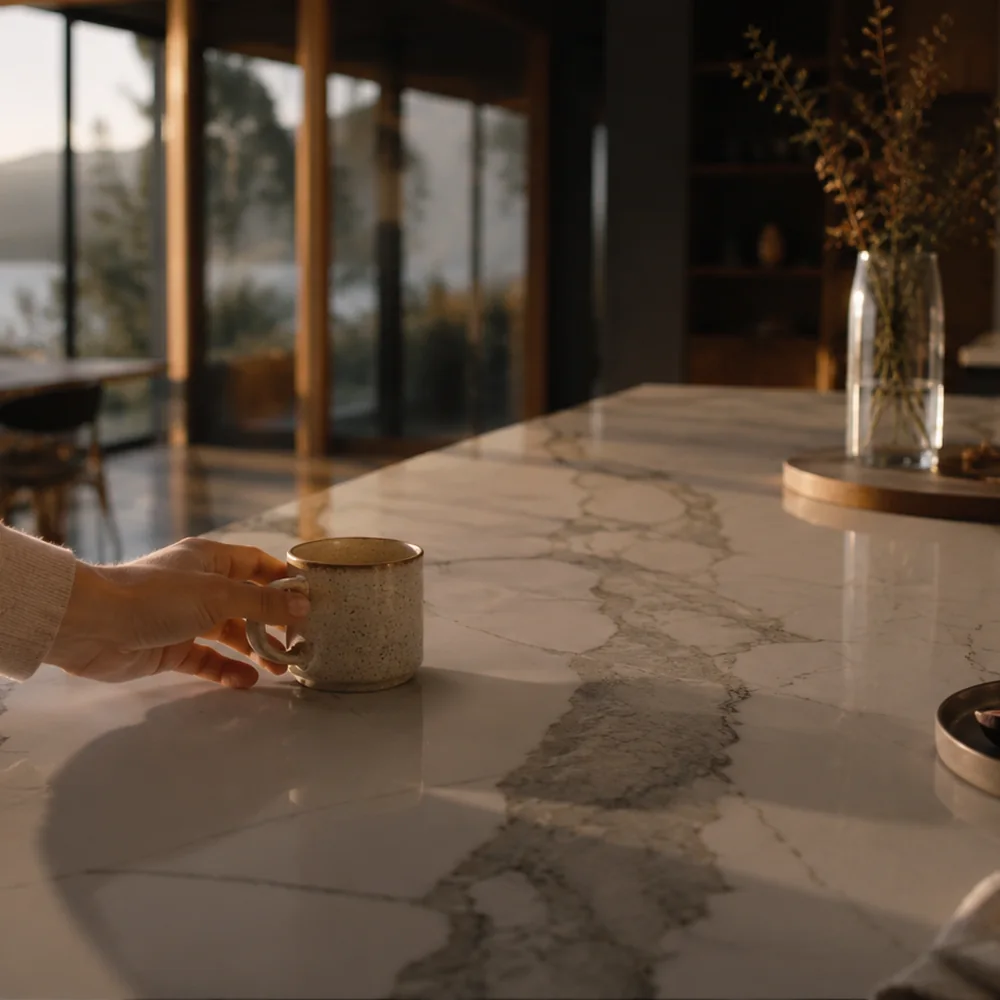 Light veined stone tabletop in a warm interior — concept inspiration